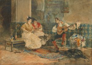 Two women in an interior listening to a guitarist
