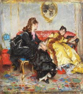 Due signore sedute in un interno