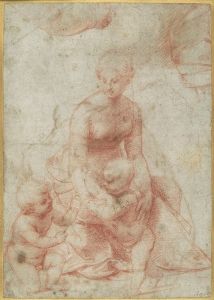 Madonna and Child with the Infant Saint John the Baptist; upper left, Study for the Right Arm of the Infant Saint John; upper right, Study for Drapery