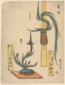 Flower Arrangements; Basket Pine and Iris in Rock Bowl