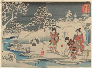 Three Women Making a Snow Rabbit in a Garden