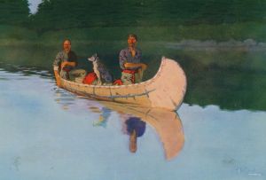 Two men and a dog in a canoe