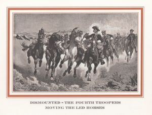 Dismounted–the fourth troopers moving the led horses