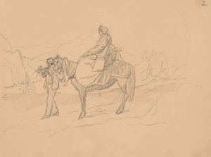 A woman on a horse led by a man in fez