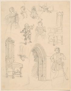 Sketches of Baroque costumes and furniture and Gothic architectural details