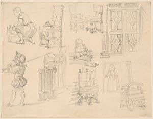 Sketches of Baroque costumes and furniture
