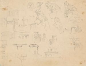 Sketches of medieval defensive structures and male figures with turbans