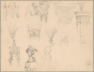 Sketches of Roman and Gothic architectural details and medieval armour