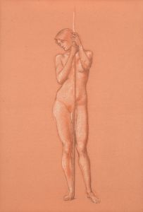 Nude study for attendant figure holding a spear in The Sleep of Arthur in Avalon