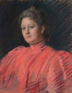 Portrait of Mrs. Abbey in pink dress, waist length