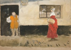 Study of street scene, man at door, woman in red dress.