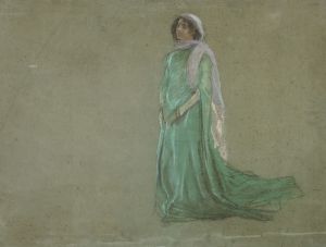 Study, woman in long green dress, pink scarf