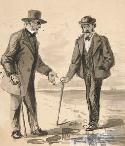 Two men conversing on seashore
