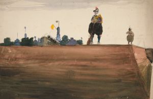 Two sentries atop a fortress wall