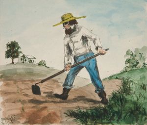 Unidentified Illustration of a Man Hoeing a Garden ; Three Figure Studies