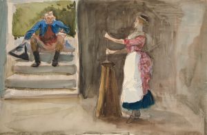 Woman churning butter, man in Revolutionary dress watching