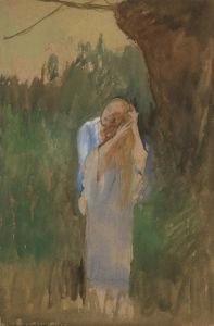 Woman in landcape, combing her long, blond hair