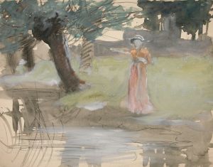 Woman standing by a riverbank