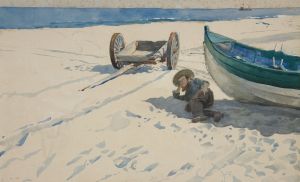 Beach scene with Man Resting in Shadow of Boat