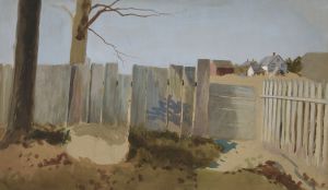 Country scene; fence, field, farmhouse in distance