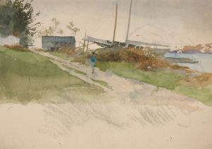 Landscape with figure walking along a path, water in distance
