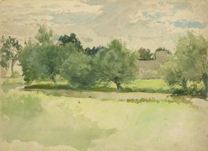 Landscape; Meadow. Church in background