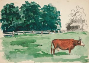 Pasture scene with cow in foreground