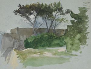 Study of landscape with trees and stone wall