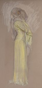 Study, Woman in yellow dress with brown veil over face