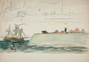 Boats at sea; battleship foreground, sailboat in distance