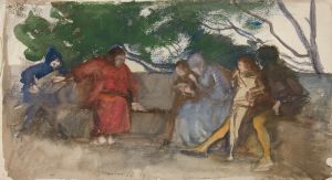 Figures seated along an outdoor bench