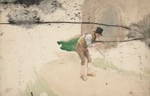 Man in tophat and shirtsleeves sweeping a walkway