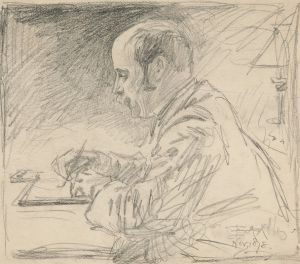 Portrait of a man, left profile, writing at desk
