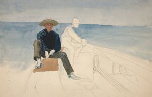 Unfinished drawing of two men sailing