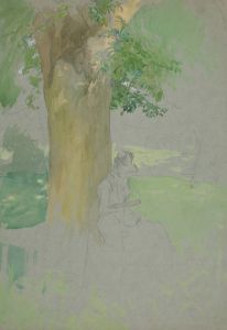 Woman seated beneath a tree, reading