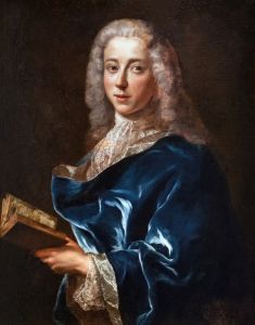 Portrait d’un homme au manteau bleu tenant un livre
