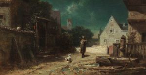Nachtwächter bei Mondschein, Hund und Katze