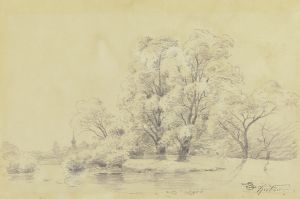 Landschaft mit Bäumen am Wasser, in der Ferne der Turm einer Dorfkirche