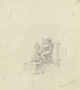 Mädchen und Junge am Brunnen