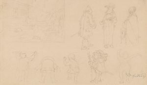 Skizzenblatt mit 8 Figurenskizzen, darunter Gnome, sowie Gartenkomposition mit Tor, Haus, Hund und Bäumen