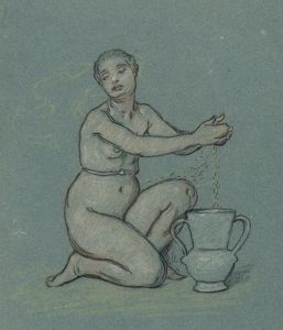 Nude girl winnowing wheat into urn