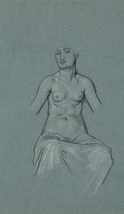 Nude woman, seated, with sheet draped over her legs