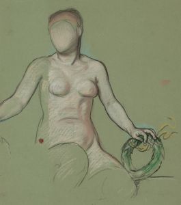 Study of the figure of Peace in Peace and prosperity holding a green wreath