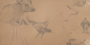 Sketches of a Donkey, a Cow, and a Man on Horseback
