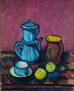 Still life with coffee tableware and apples