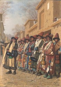 Chorus of dervishes begging for alms. Tashkent