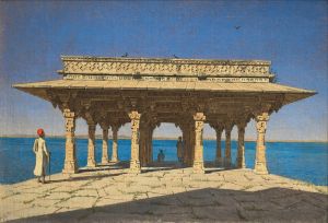 Evening on a Lake. A Pavilion on the Marble Embankment in Rajnagar