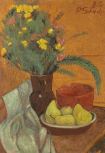 Nature morte aux poires et bouquet de fougères