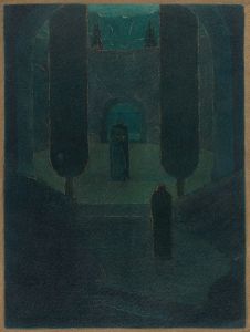 Cloaked Figures in a Dark Garden