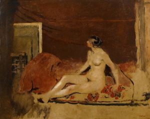 Nude on a Blanket with a Red Floral Pattern